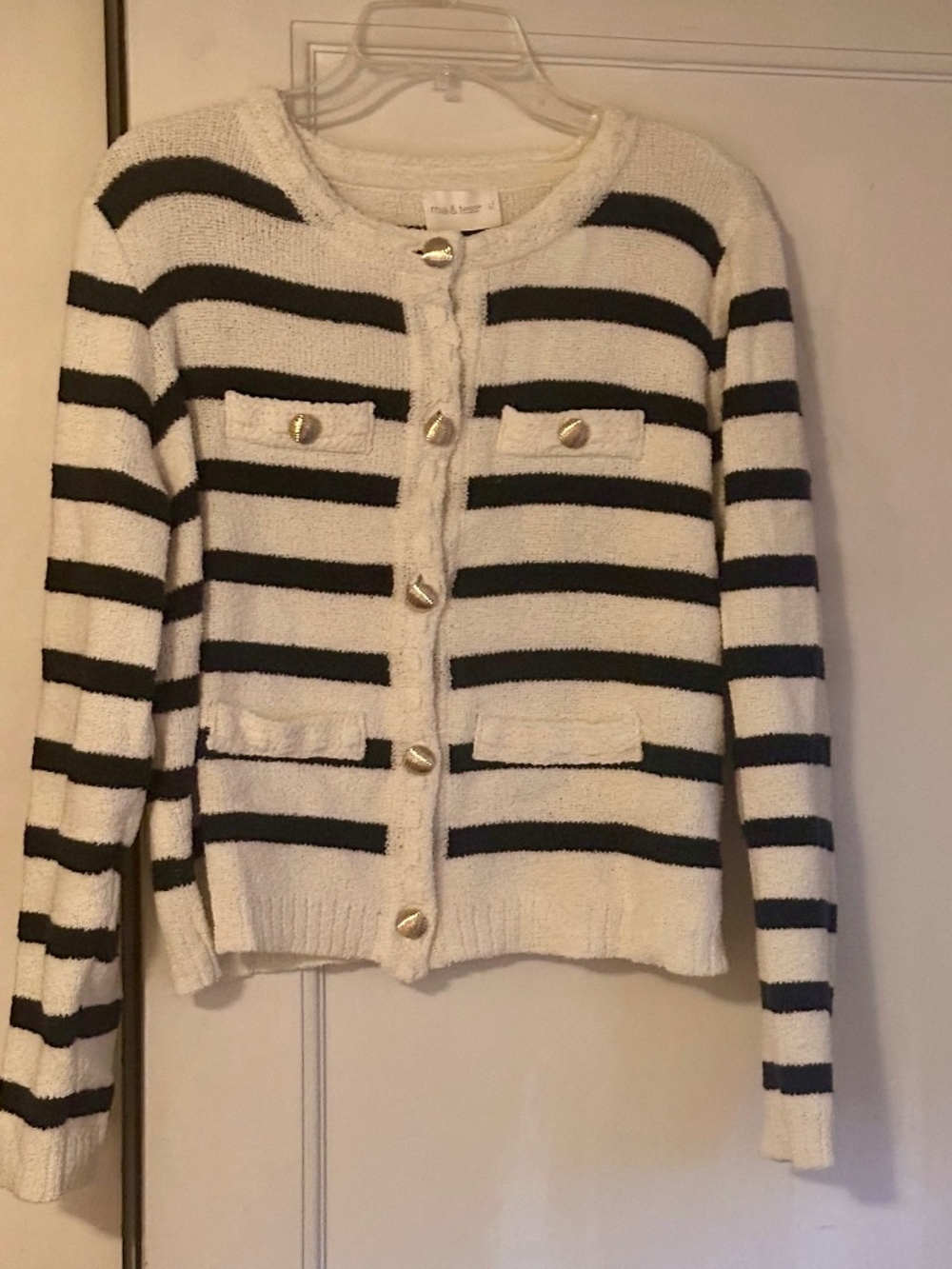 Mia & Tess Navy Striped Knit Cardigan Jacket | Cream Blue Gold Button Blazer XL